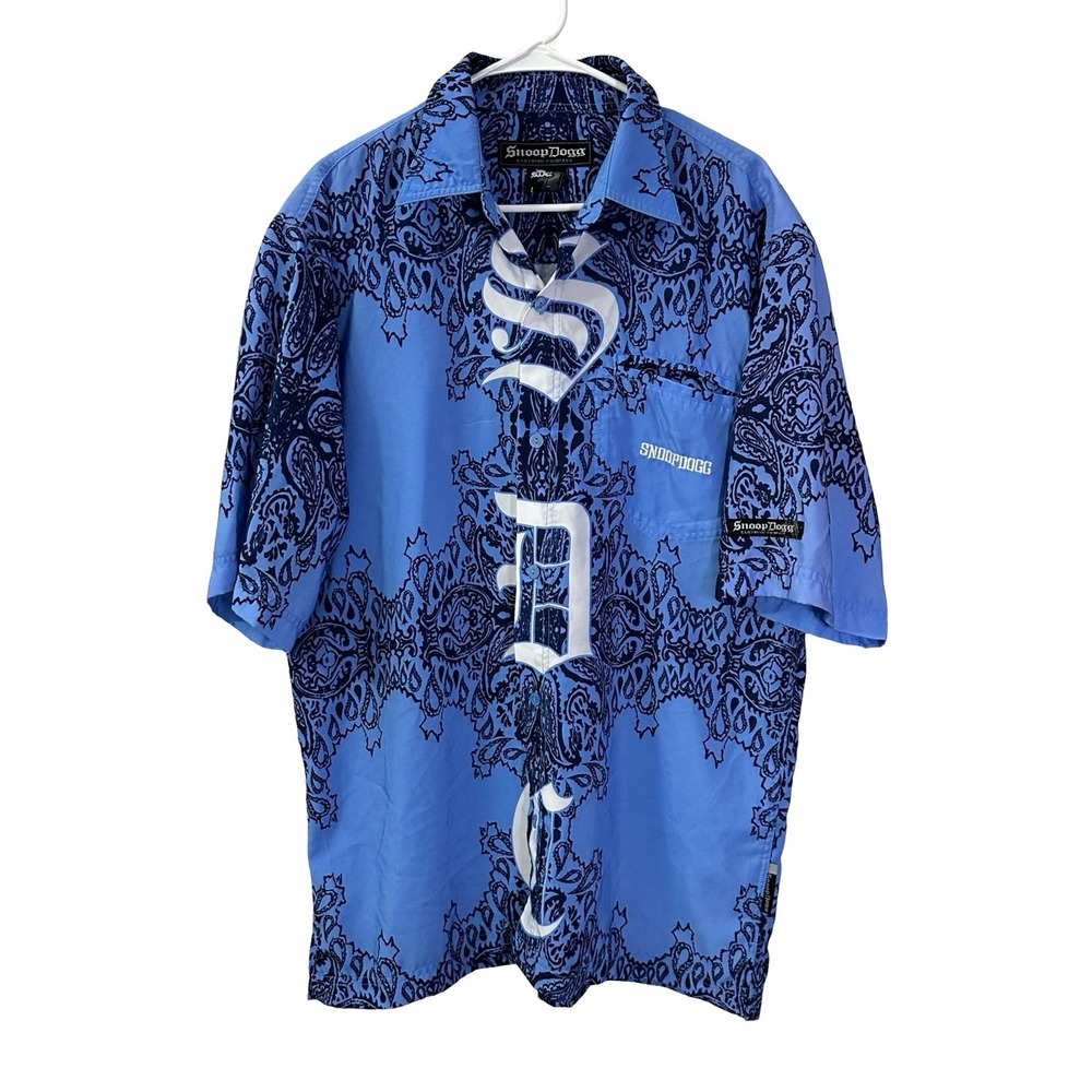 Snoop Dogg Clothing Co Paisley Button Down Shirt Mens Large Blue Y2K Hip Hop
